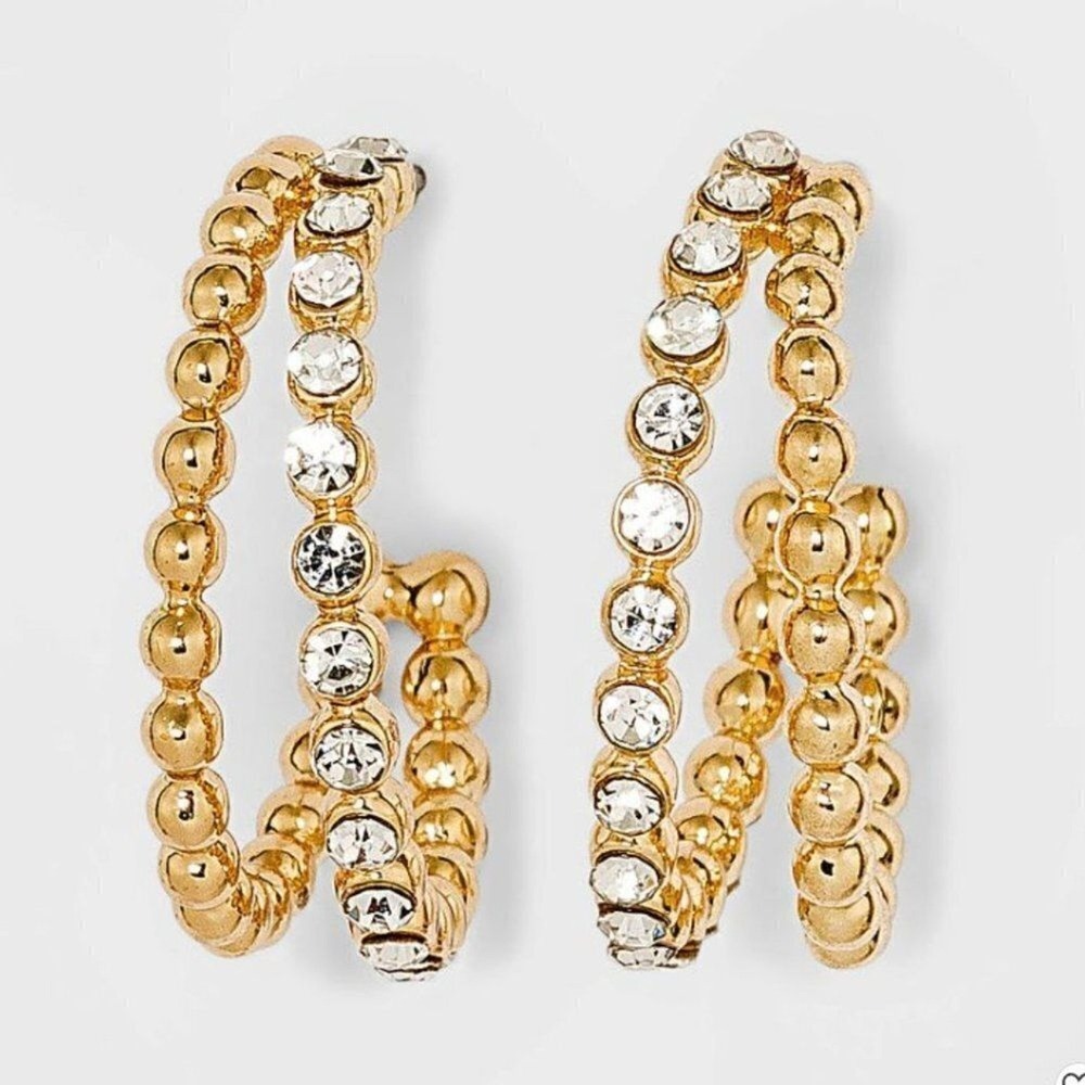 BaubleBar Sugarfix New Crystal Beaded‎ Double Hoop Fashion Earrings Gold Tone